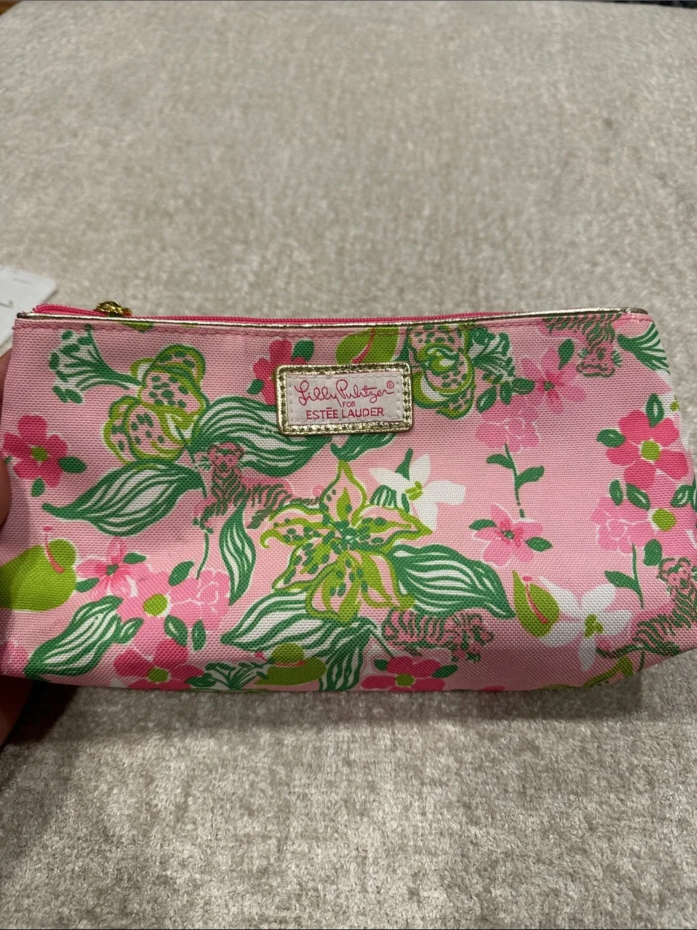 Lilly Pulitzer Pink Floral Cosmetic Pouch with Green Accents